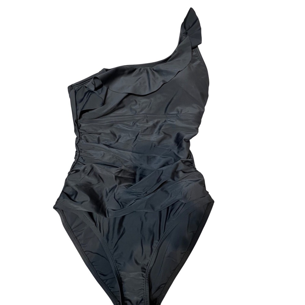 Ellen Tracy Womens One Piece Swimsuit Ruffle One Shoulder Black Size 10